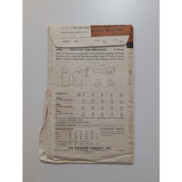 Butterick 6965 Vintage Quick and Easy Bare-Armed Blouses 1954 Original Size 16 - Picture 2 of 3